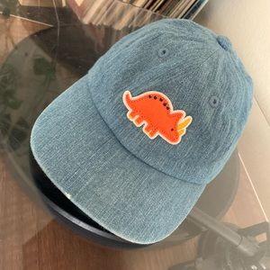 Boys blue jean dinosaur hat.